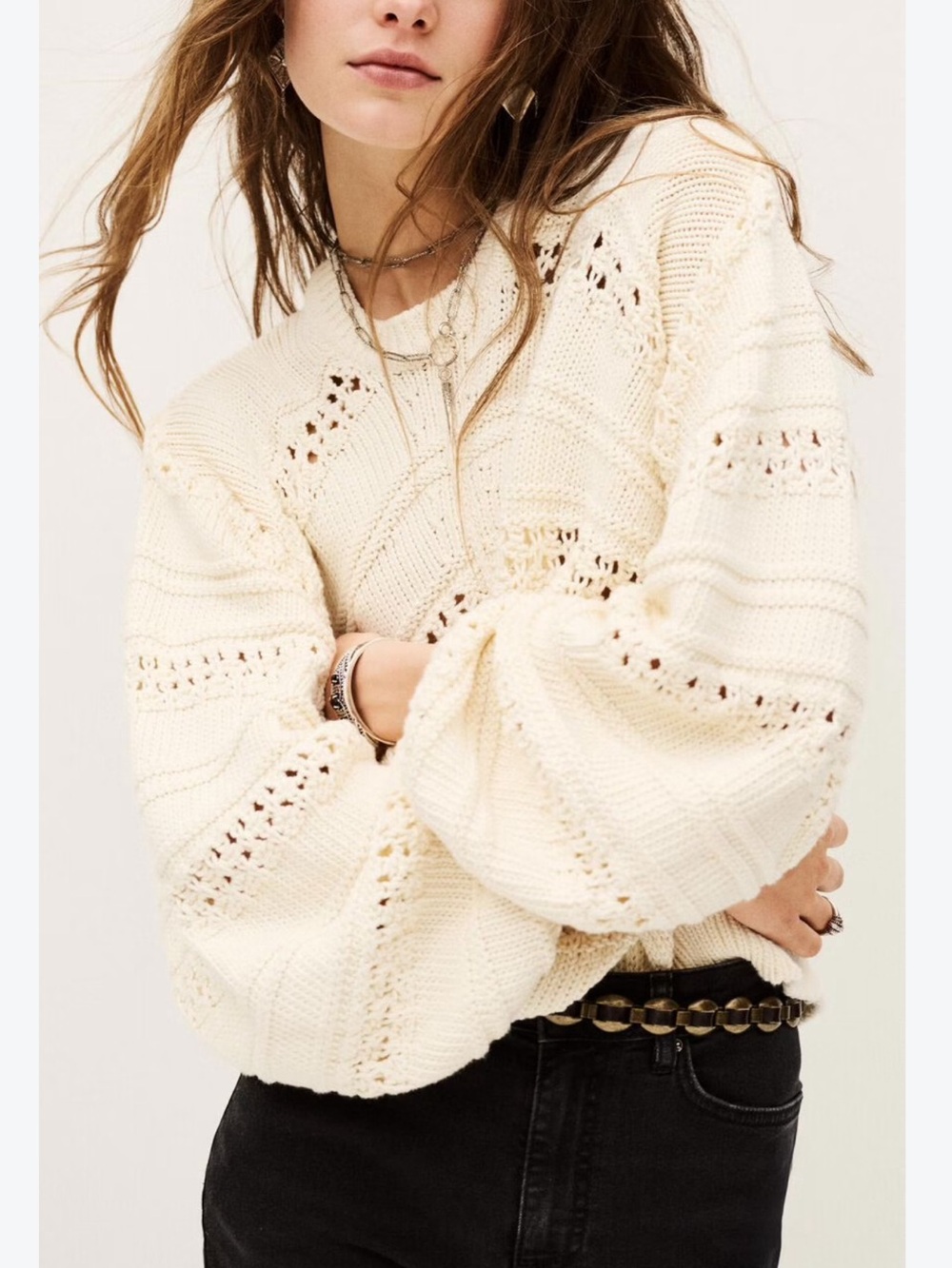 NWT Deluc Cream Open-Knit Crewneck Sweater gorgeous